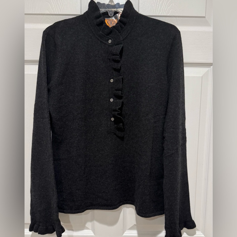 Tory Burch Cashmere, Charcoal Gray Ruffle Sweater